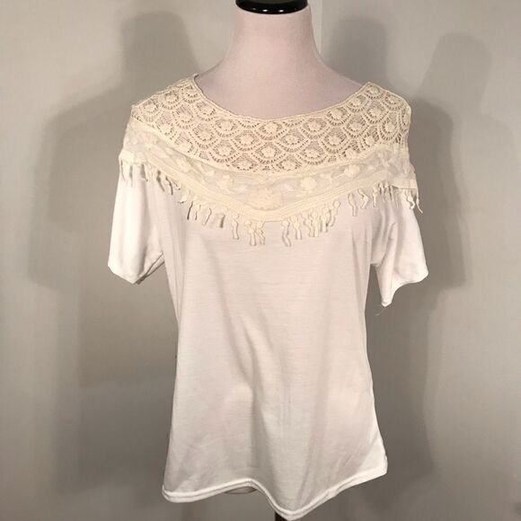 Cotton and Lace Short Sleeve Top Sz L - Picture 1 of 5